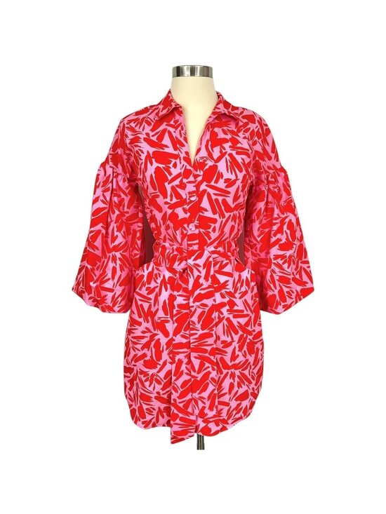 Veronica Beard Dresses & Skirts - Veronica Beard Samy Shirt Dress Womens 00 Pink Abstract Belted 3/4 Sleeve Mini